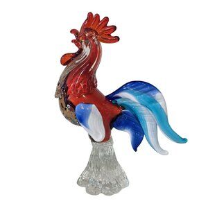 Handmade Murano Glass Rooster Figurine 7.5" Multicolor Art Piece By PMG Vetreria